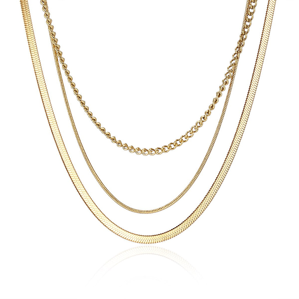Anti-allergic Minimalist Three Layer Snake Chain Necklace For Women 18K Gold Plated Box&amp;Herringbone Chain Choker Jewelry Gift
