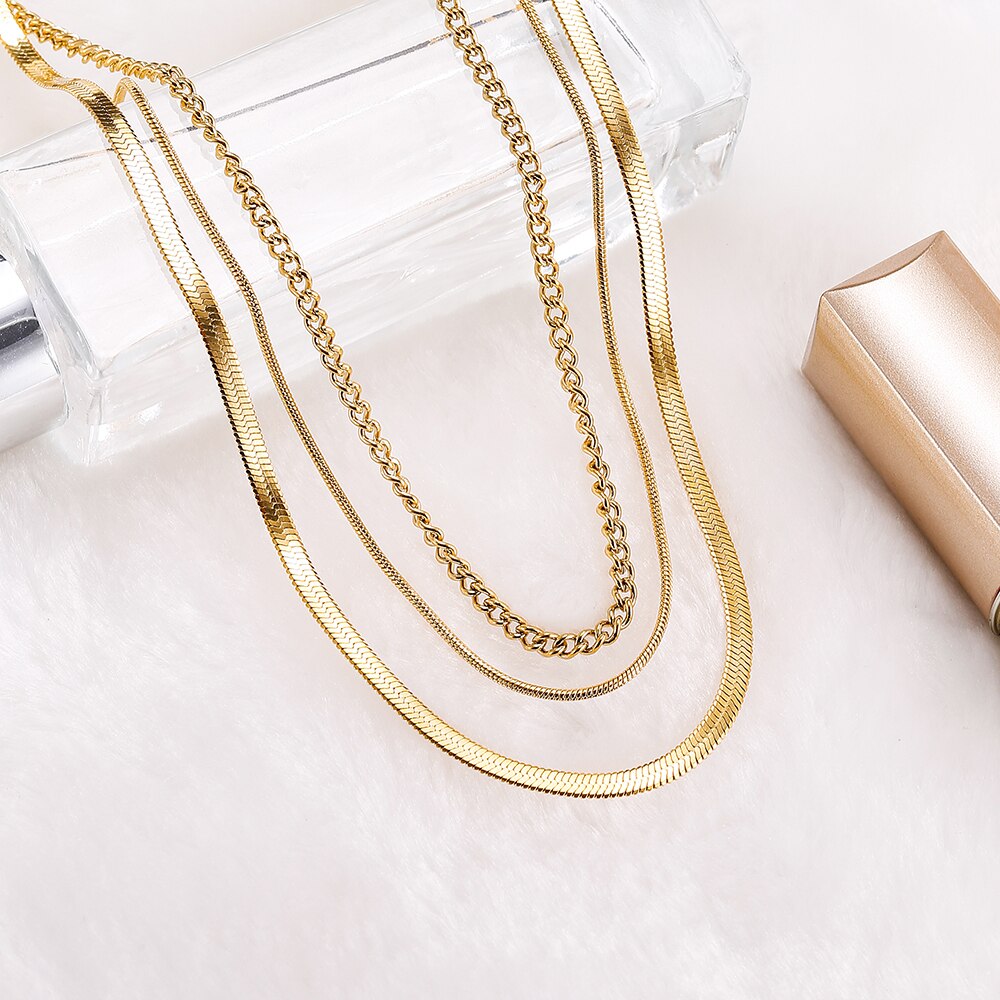 Anti-allergic Minimalist Three Layer Snake Chain Necklace For Women 18K Gold Plated Box&amp;Herringbone Chain Choker Jewelry Gift