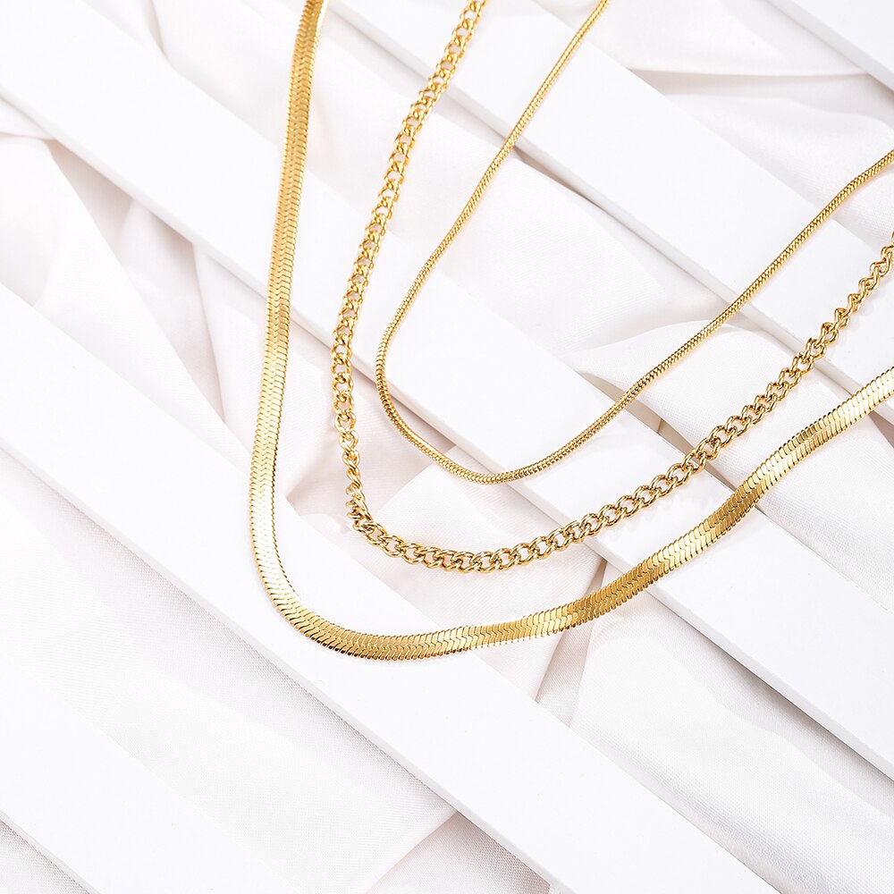 Anti-allergic Minimalist Three Layer Snake Chain Necklace For Women 18K Gold Plated Box&amp;Herringbone Chain Choker Jewelry Gift