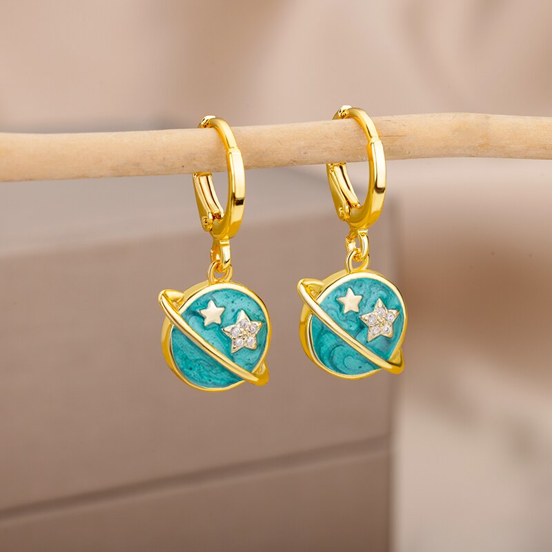Anting-Anting Drop Planet Warna Hijau untuk Wanita Anting-Anting Enamel Baja Tahan Karat Berlapis Emas Perhiasan Pernikahan Pasangan Boucles D'oreilles