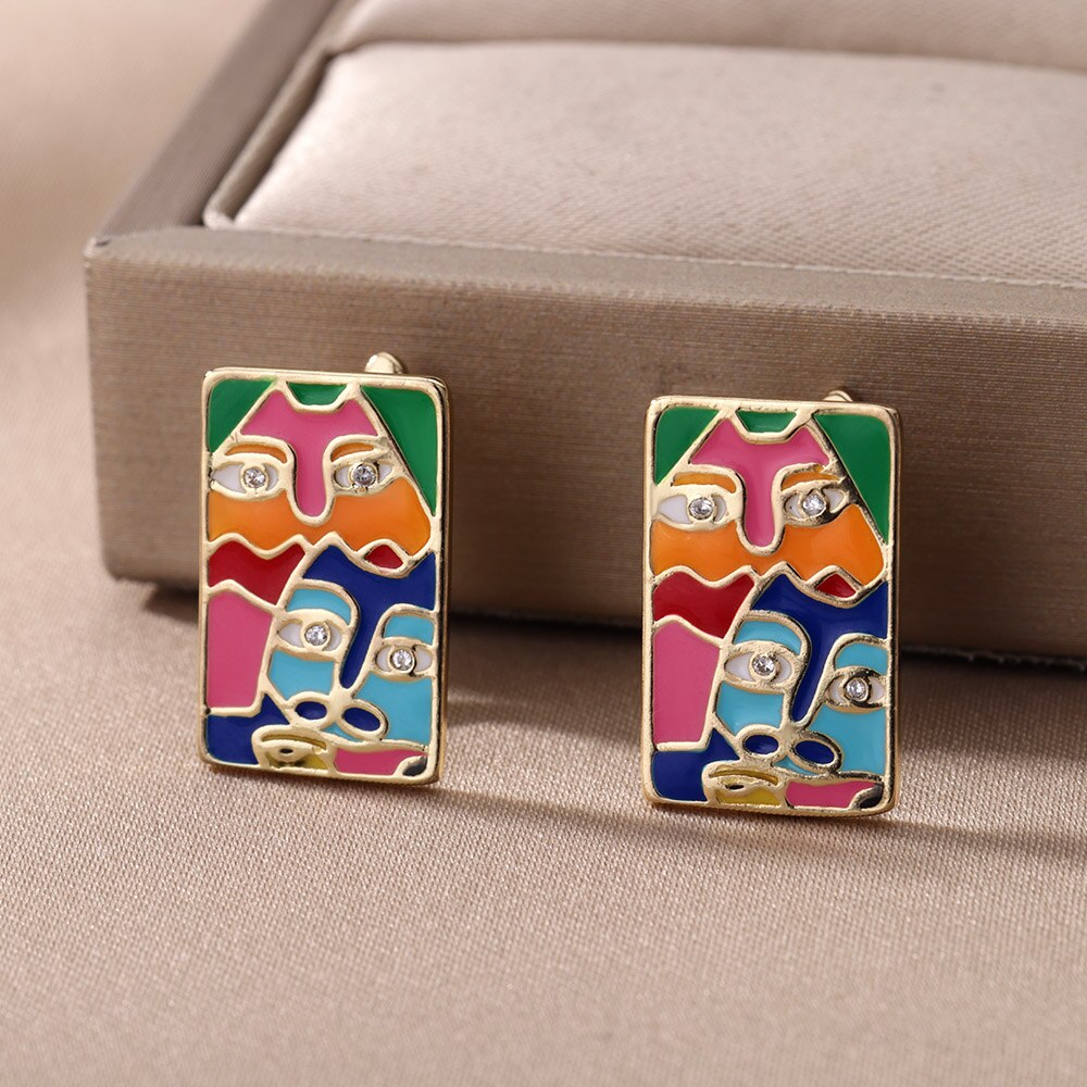 Anting-Anting Kancing Wajah Enamel Warna-warni untuk Wanita Baja Tahan Karat Anting-Anting Pesta Wanita Tren 2023 Mode Perhiasan Aksesori Mujer