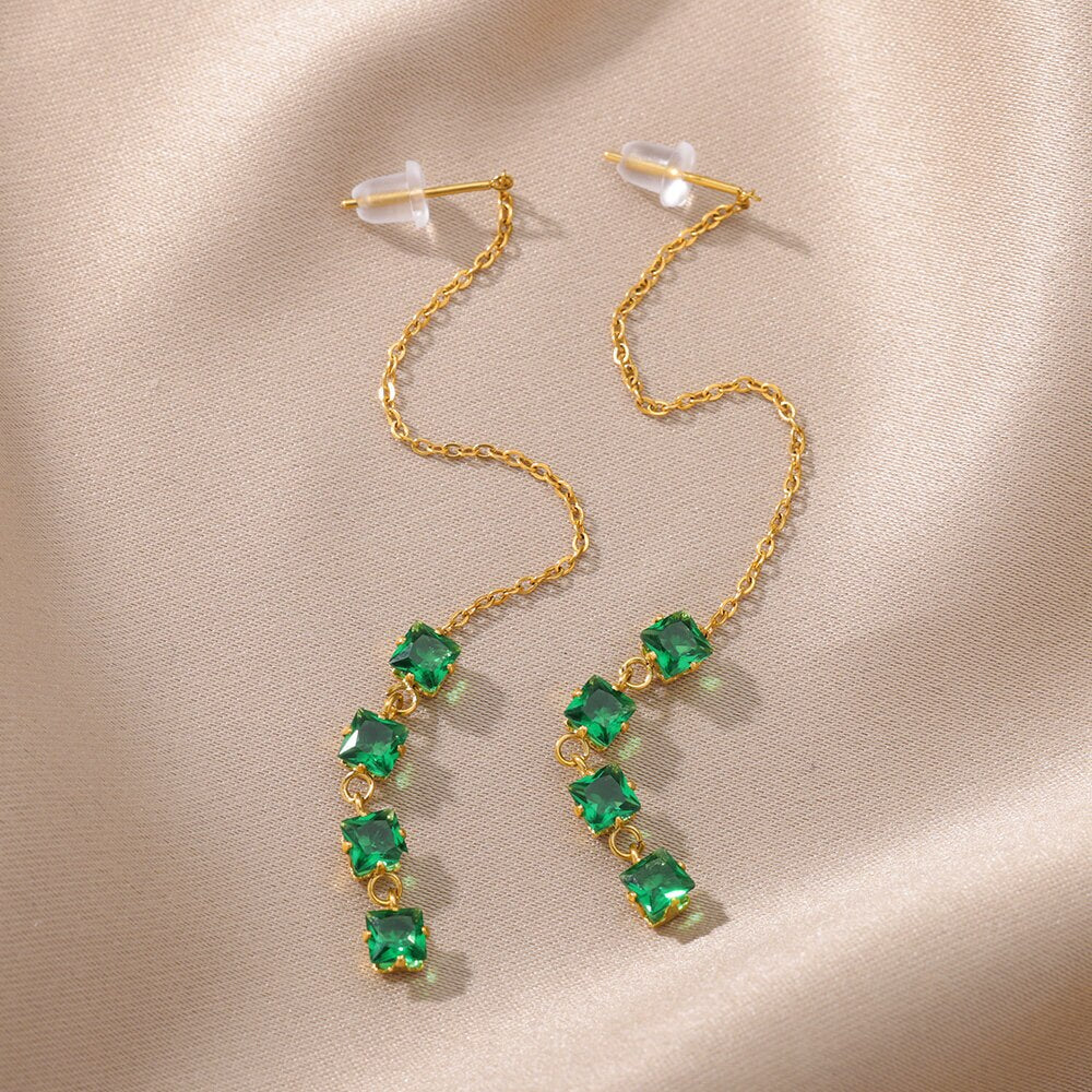 Anting-Anting Menjuntai Zircon Hijau untuk Wanita Anting-Anting Baja Tahan Karat 2023 Tren Pasangan Perhiasan Pernikahan Estetika Pendientes