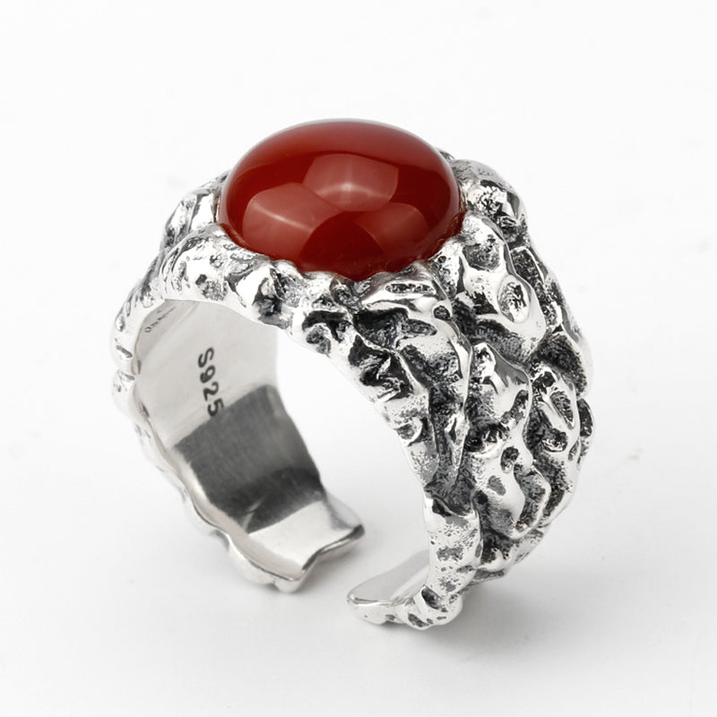 Antique 925 Sterling Silver Punk Style Big Carved Red Agate Stone Men Ring Engraved Adjustable Jewelry Wedding Bands