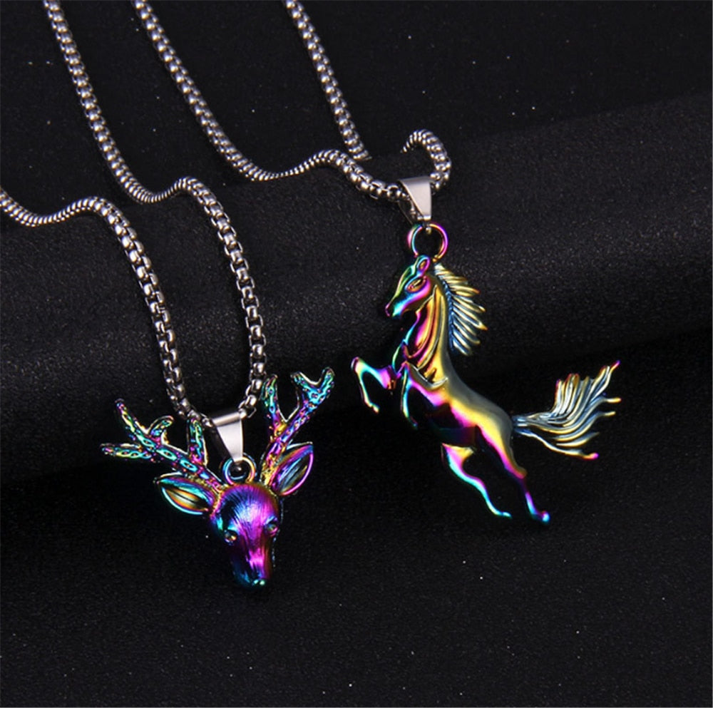 Antique Colorful Peacock Elk Horse Snowflake Feather Necklace Personality Cool Popular Pendant Necklace