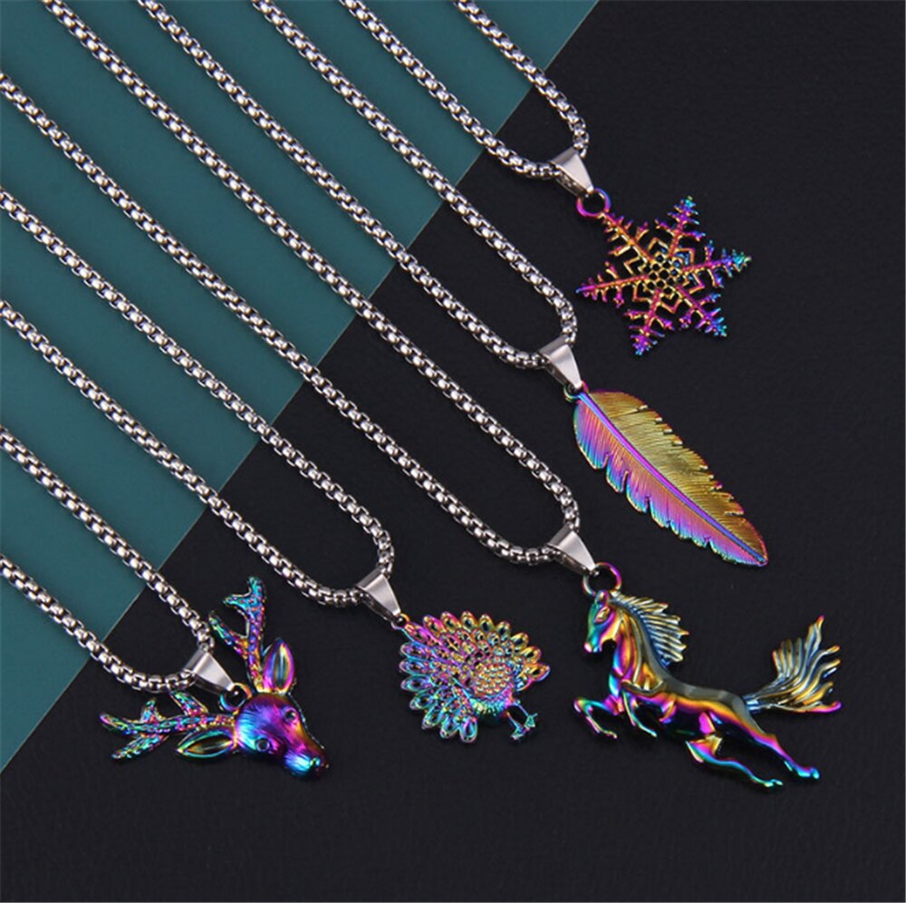 Antique Colorful Peacock Elk Horse Snowflake Feather Necklace Personality Cool Popular Pendant Necklace