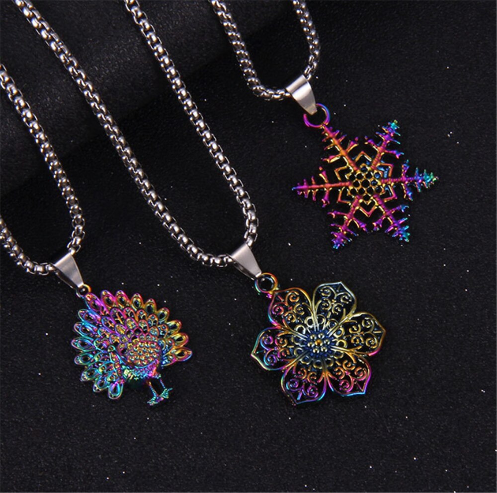 Antique Colorful Peacock Elk Horse Snowflake Feather Necklace Personality Cool Popular Pendant Necklace