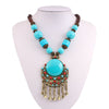 Antique Copper Plated Big and Small Simulated Turquoises Small Bells Tassel Necklace Vintage Ethnic Jewelry for Women