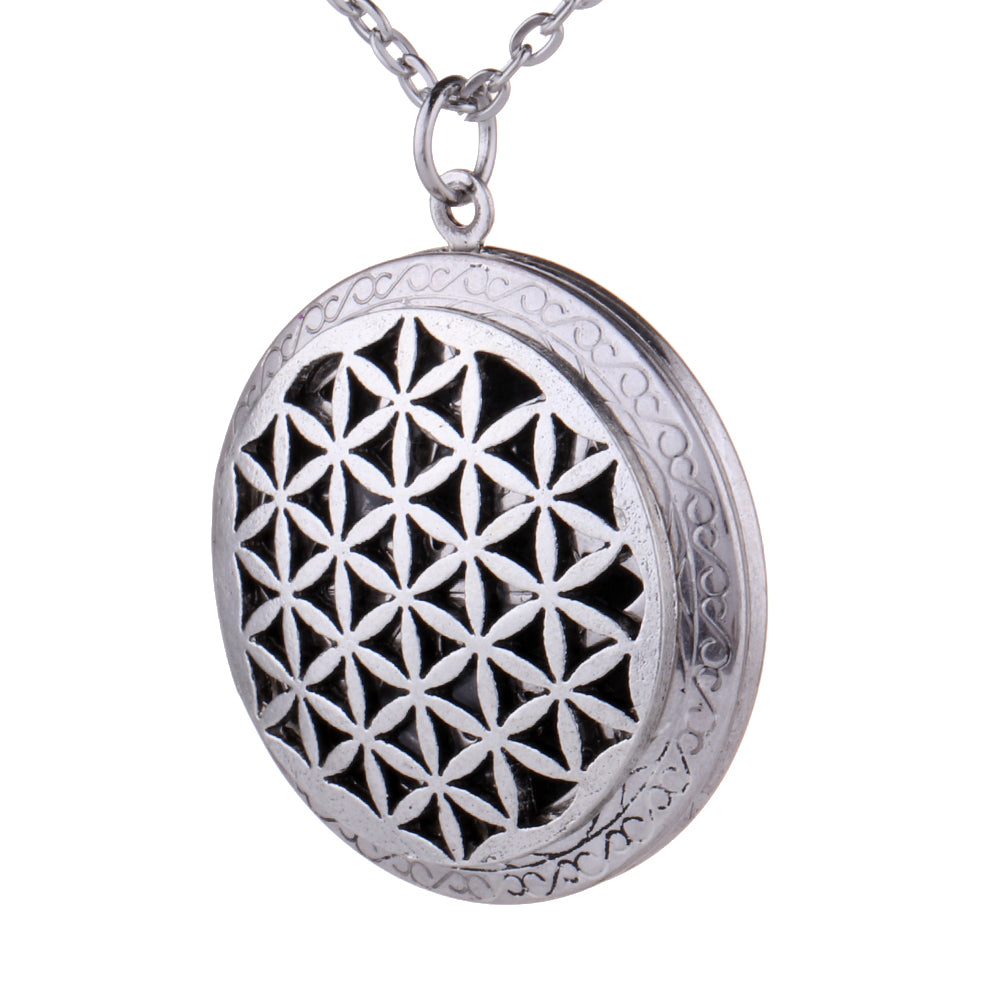 Antique Silver Aromather Essential Oil Diffuser Necklace Flower of Life Lockets Pendant Long Necklace with Gift Pouch