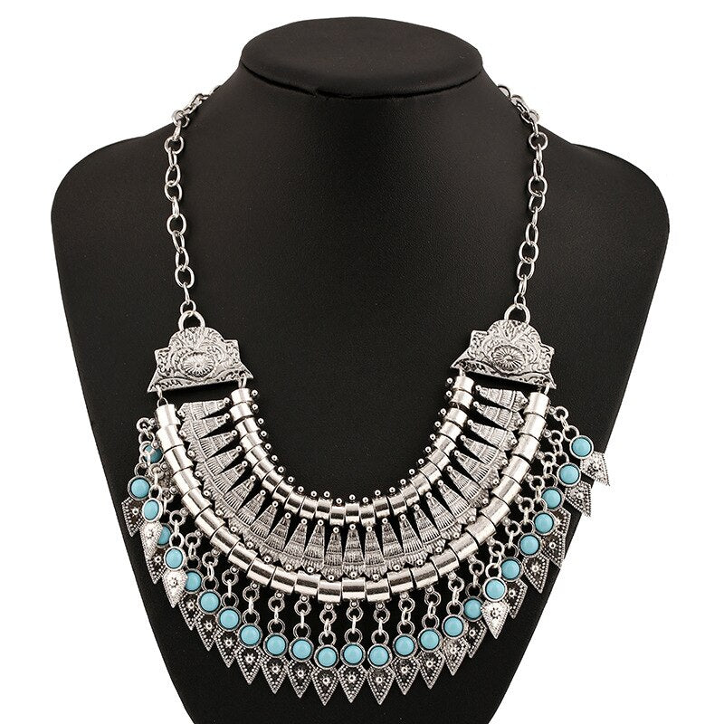 Antique Silver Color Vintage Tassel Pendant Woman Necklace Choker Jewelry Maxi Chunky Vintage Indian Necklaces