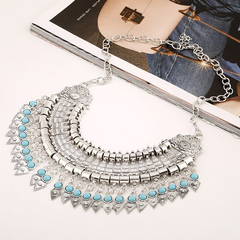 Antique Silver Color Vintage Tassel Pendant Woman Necklace Choker Jewelry Maxi Chunky Vintage Indian Necklaces