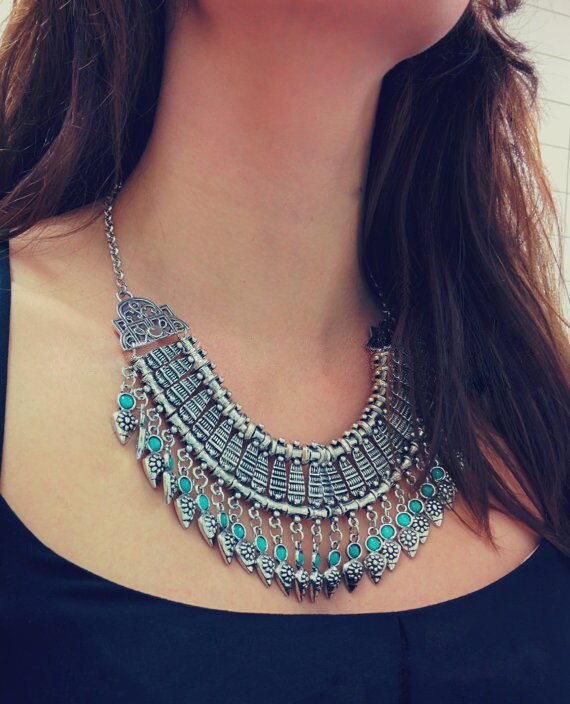 Antique Silver Color Vintage Tassel Pendant Woman Necklace Choker Jewelry Maxi Chunky Vintage Indian Necklaces