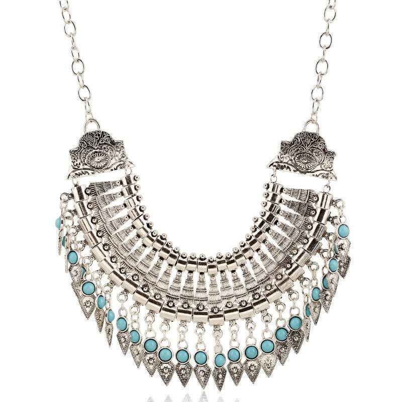 Antique Silver Color Vintage Tassel Pendant Woman Necklace Choker Jewelry Maxi Chunky Vintage Indian Necklaces