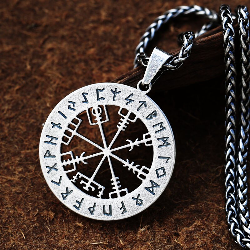 Antique Silver Nordic Viking Rune Hollow Compass Pendant Stainless Steel Men's and Women's Accessories  Jewelry