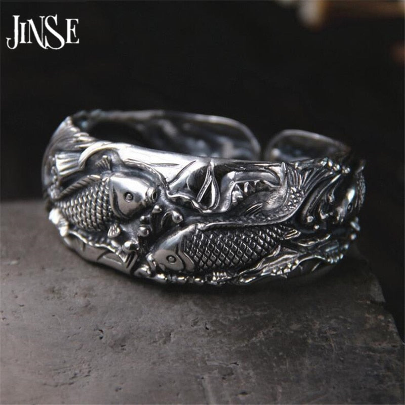 Antique Thai Silver Bangles 100% S990 Sterling Silver Carp Fish Carved Bracelet Bangle For Men Women Jewelry 25mm 45G TYC085