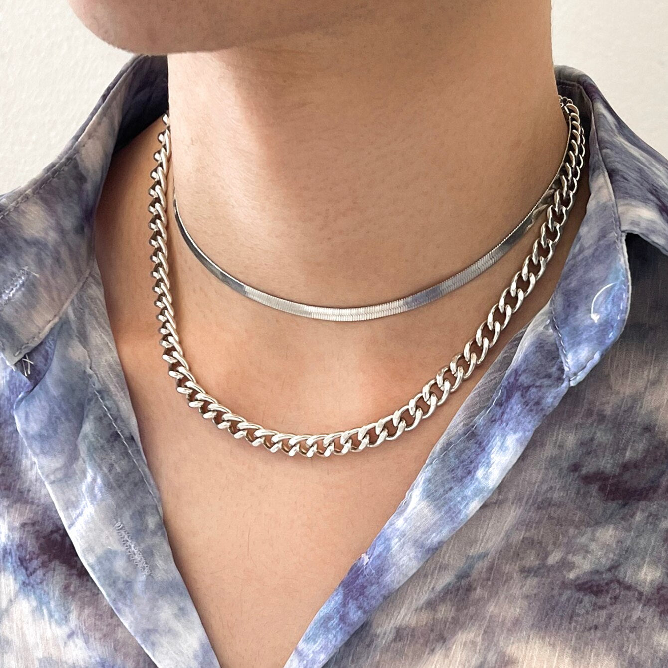 Aprilwell 2 Pcs Punk Cube Chain Necklaces for Women 2021 Trend Kpop Grunge Choker Snake Bone Chains Men Gift Jewelry Accessories