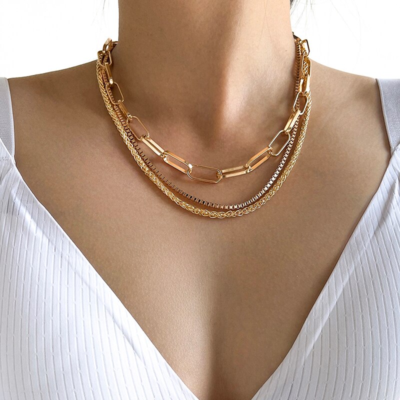 Aprilwell 3 PCs Punk Choker Necklaces Set For Women Aesthetic Gold Link Chain 2021 Y2k Charm Jewelry Gift For Girl Friend