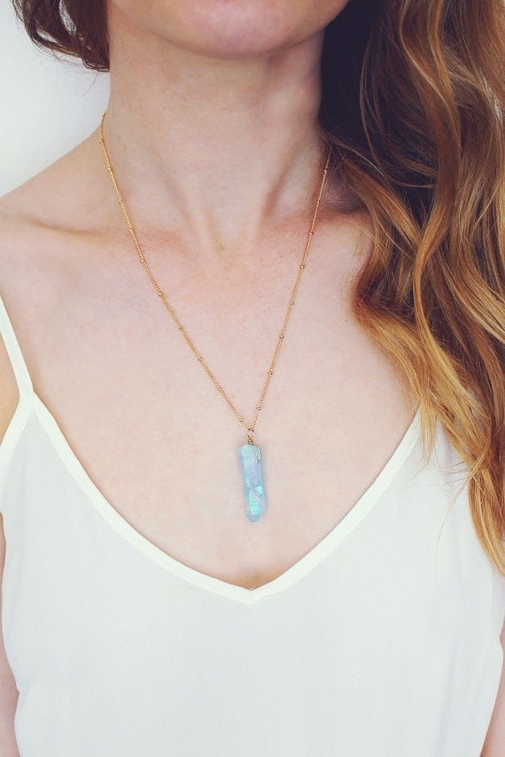 Aqua Aura Mystic Quartz Point Necklace  Sky Blue Crystal Necklace  Aqua Rainbow Crystal Quartz Necklace