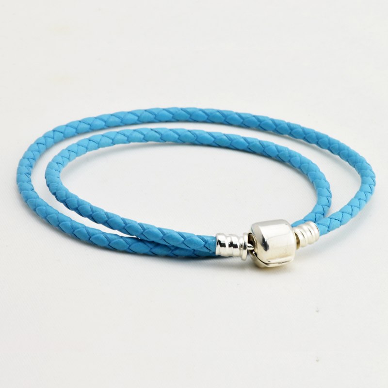 Aqua Blue Leather Bracelets 100% 925 Authentic Sterling Silver Fine Jewelry