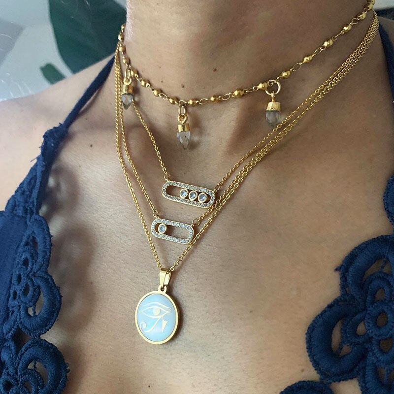 Arab Style Crystal Bead Pendant Necklaces For Women Dainty Stainless Steel Gold 3 Dot On Oval Necklace Wedding Bff Jewelry Colar