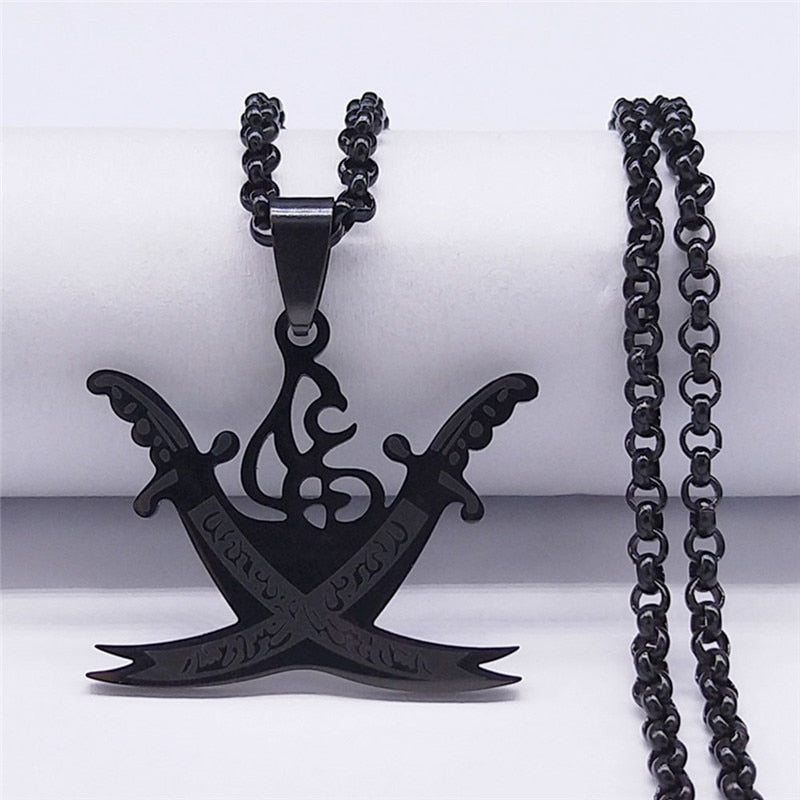 Arabic Retro Imam Ali Sword Muslim Chain Necklaces Stainless Steel Islam Knife Necklace Men/Women Black Color Jewelry N4517S05