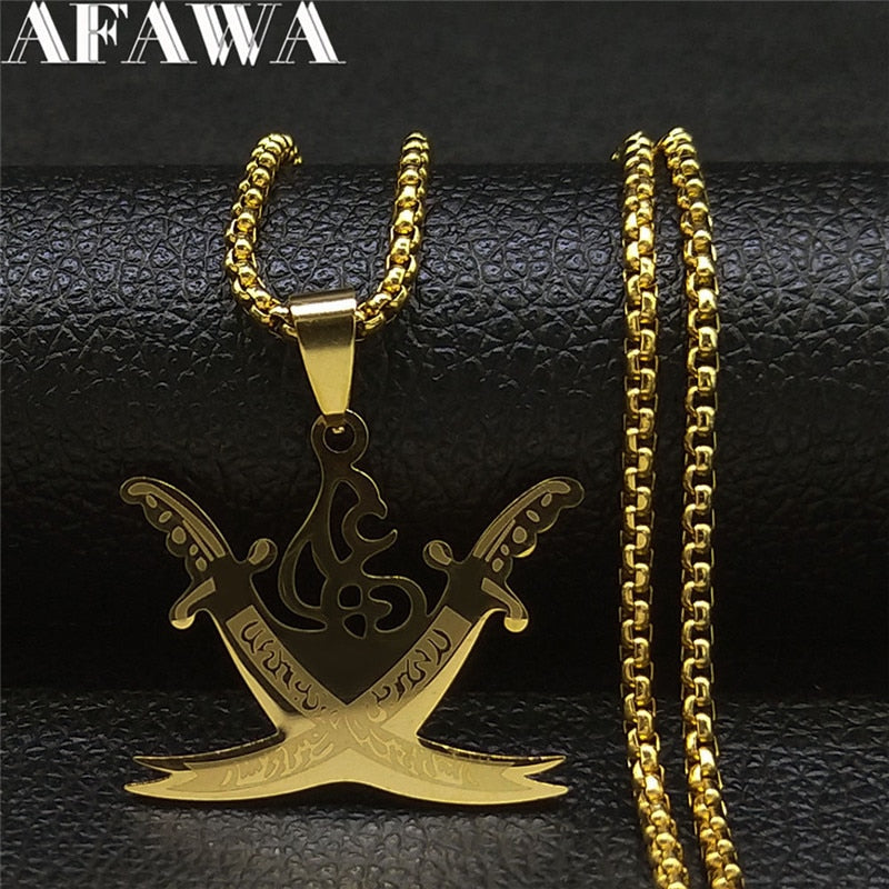 Arabic Retro Imam Ali Sword Muslim Islam Knife Statement Necklace Stainless Steel Necklaces Men Gold ColorJewelry N4517S02