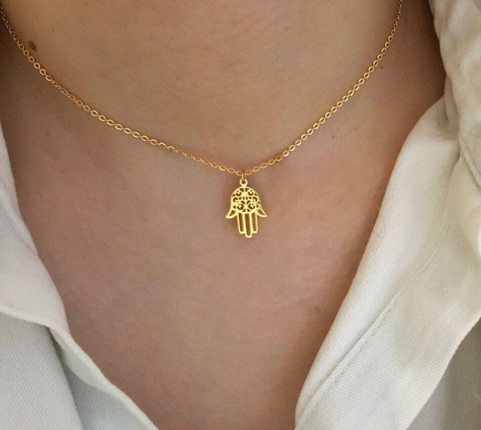 Arabic Soy Luna Hamsa Hand Pendant Necklace Women Men Amulet Stainless Steel Gold Color Hand of Fatima Choker Islamic Jewelry