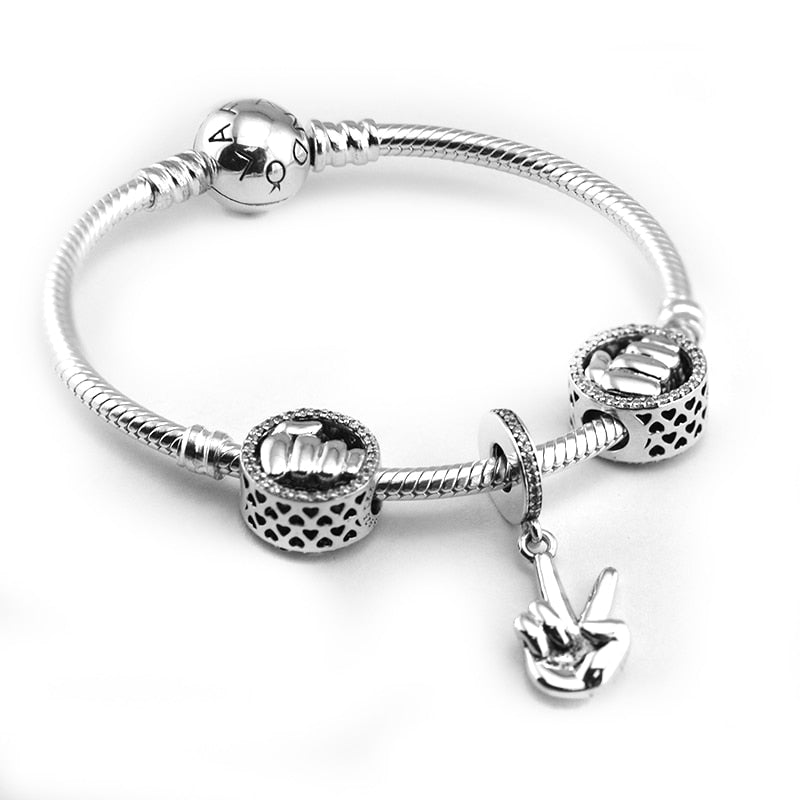 Around Bracelets with 3pcs Beads Charms in set 100% 925 Sterling-Silver-Jewelry