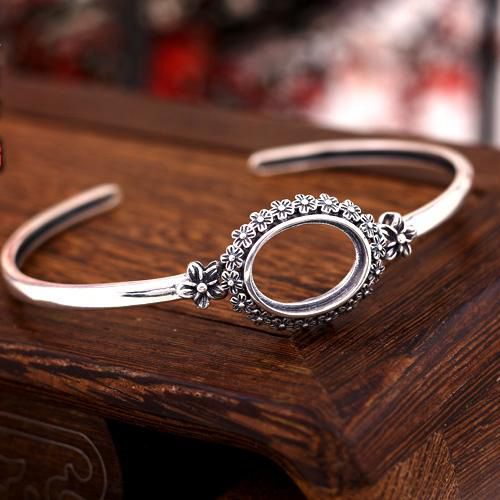 Art Nouveau 925 Silver Oval Cabochon 12x16mm Semi Mount Bracelet Bangle Fine Jewelry Retro Amber Opal Setting Vintage