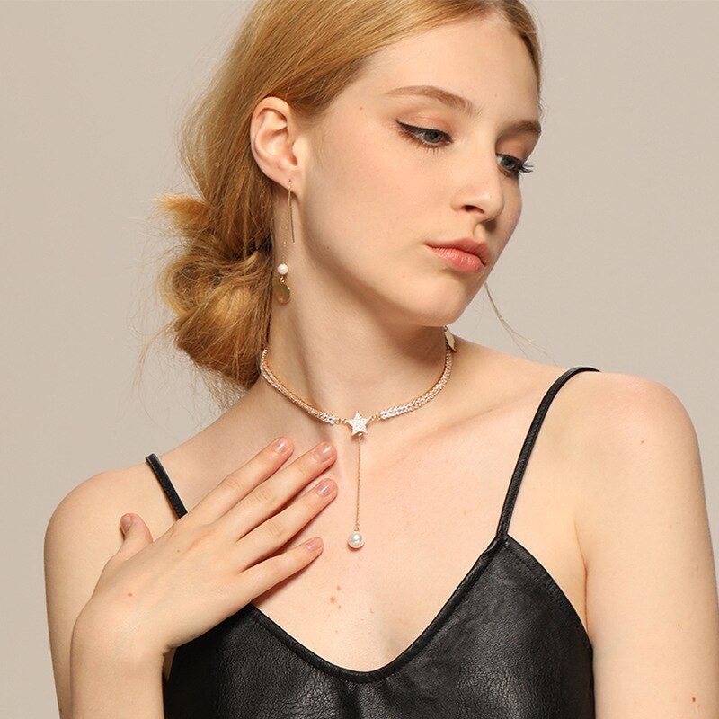 Artificial Pearl Stitching Necklace Female Niche Alloy Clavicle Chain Asymmetric Double Rhinestone Crystal Necklace Jewelry
