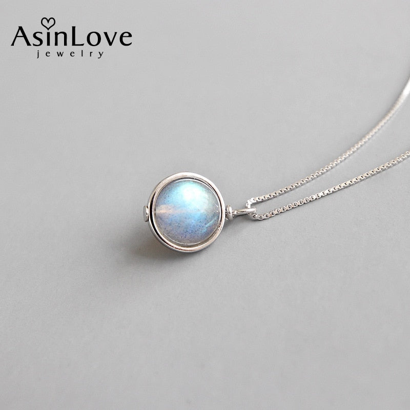 AsinLove Natural Moonstone Scroll Round Bead Pendants Necklaces For Women Gift Real 925 Silver Chain Simple  Fine Jewelry