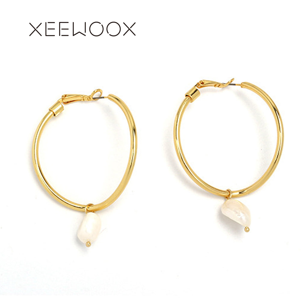 Asymmetric Statement Earring White Baroque Pearl Ball Circle Drop Earring 14k Yellow Gold Color Designer Creative Gift