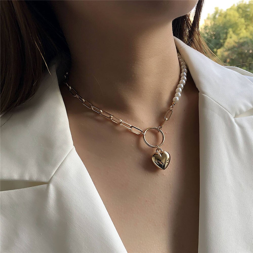 Asymmetry Solid Heart Lock Choker Necklace For Women Imitation Pearls Pendant Necklace Safety Pin Chain Love Couple Jewelry New