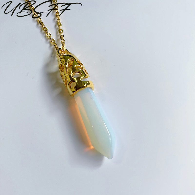 Aura Natural Stone Prismatic Hexagon Pendant Necklace, Healing Crystal Opal Quartz, Jewelry Gift for Couples