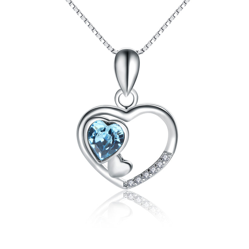Austria Crystal Rhinestone 925 Silver Long Charm Pendants Statement Necklace Women Romantic Blue Love Heart Style Classic Party