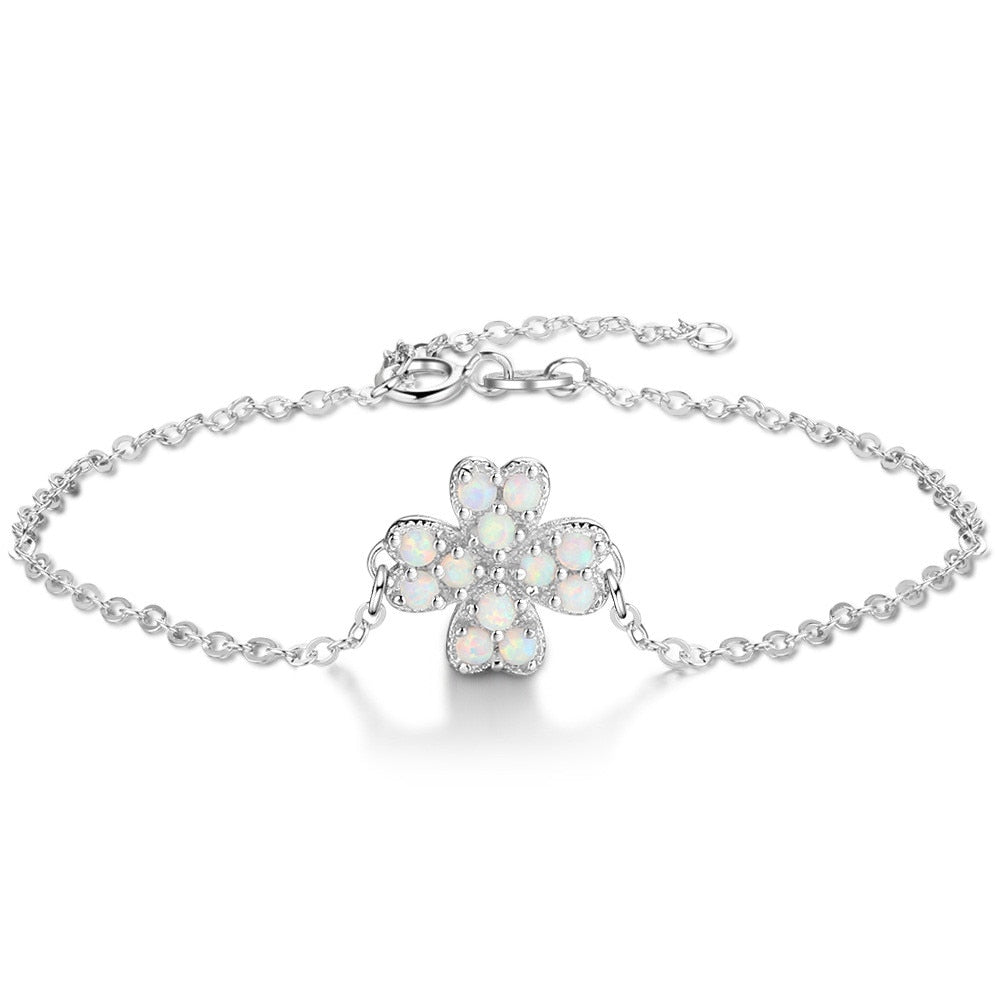 Authentic 100% 925 Sterling Silver Chain bracelet Female Fire Opal Symb of Love Clover Charm Bracelets & Bangles Jewelry