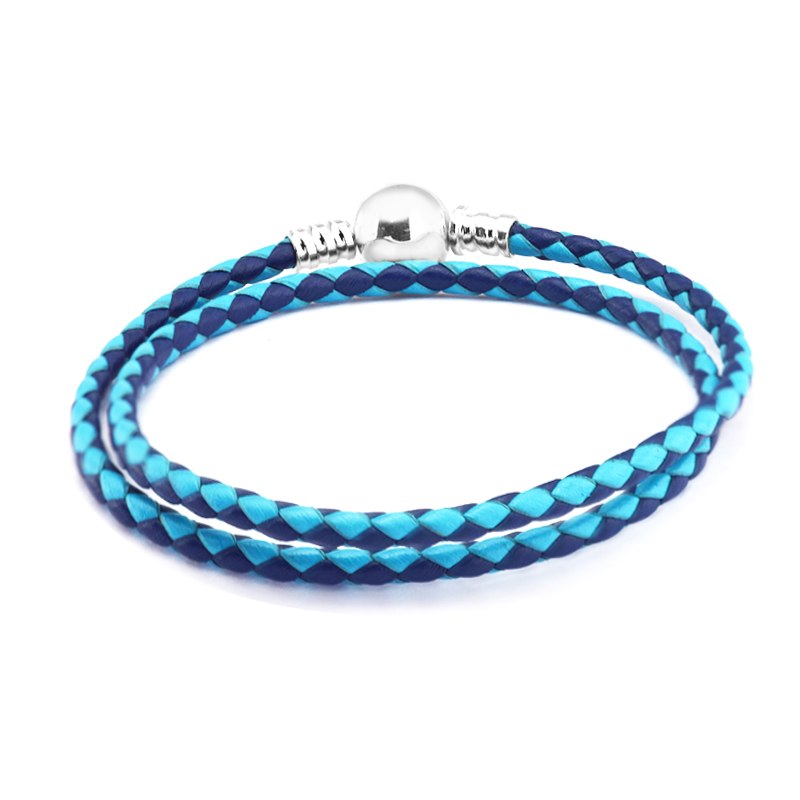 Authentic 100% 925 Sterling Silver Jewelry Mixed Blue Woven Double-Leather Charm Bracelet Fits European Beads Silver Round Clasp