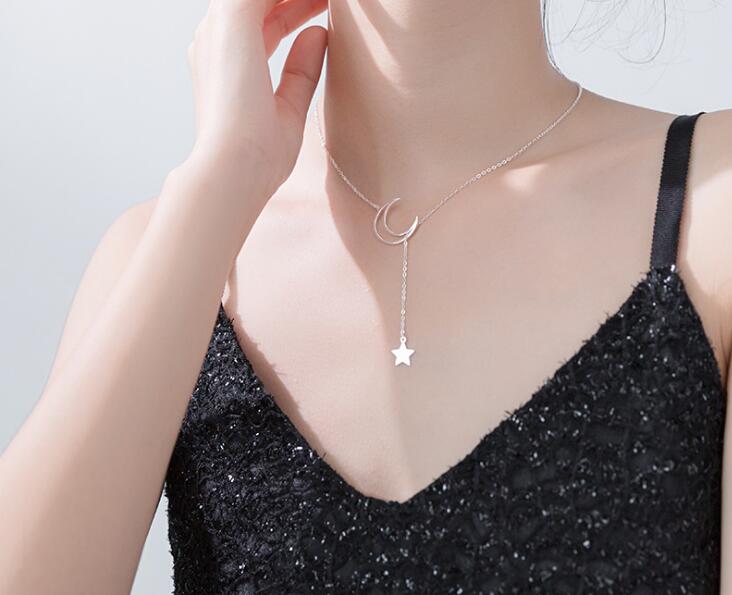 Authentic 100% REAL. 925 Sterling Silver fINE Jewelry Open Crescent Moon &Star Lariat Y pendant Necklace GTLx1766