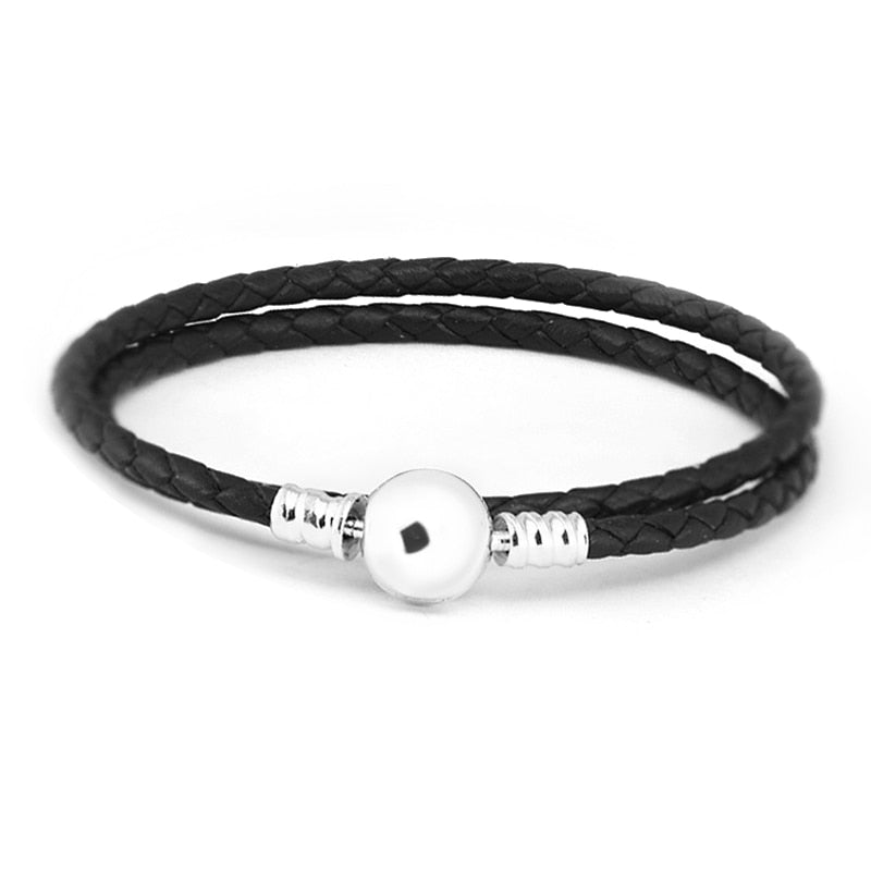 Authentic 925 Sterling Silver Ball Clasp Bracelet With Black Leather for Women Fit Charm Beads DIY Fine Jewelry SLE701