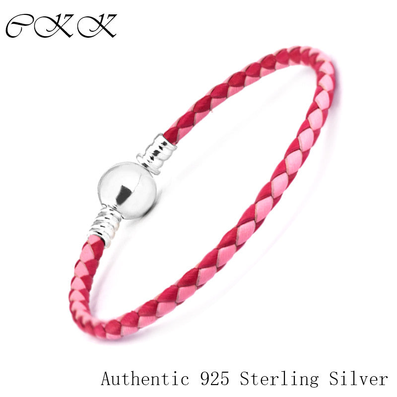 Authentic 925 Sterling Silver Ball Clasp Bracelet With Mixed Pink Woven Double-Leather for Women Fit Charm Beads SLE727