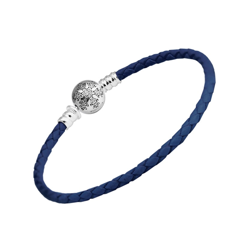 Authentic 925 Sterling Silver Ball Clasp Bracelets With Blue Leather Fit Charm Beads DIY Fine Jewelry Snowflake for Women SLE610