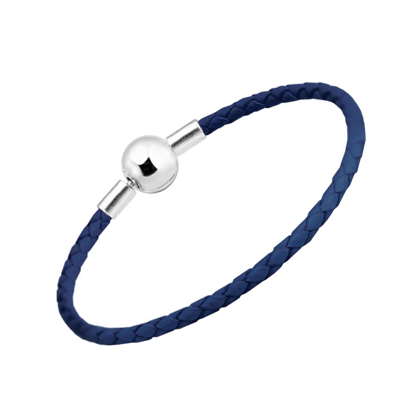 Authentic 925 Sterling Silver Ball Clasp Bracelets With Blue Leather for Women Fit Charm Beads DIY Fine Jewelry SLE510