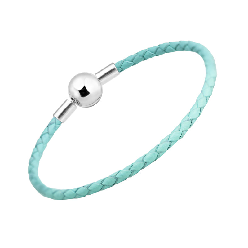Authentic 925 Sterling Silver Ball Clasp Bracelets With Ocean Blue Leather for Women Fit Charm Beads DIY Fine Jewelry SLE515