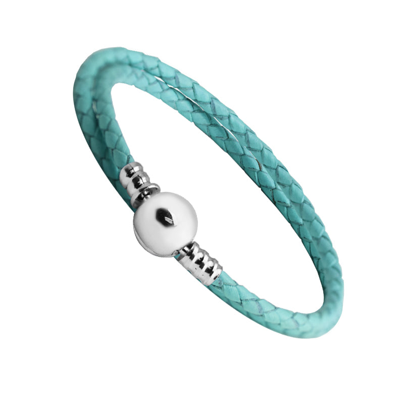 Authentic 925 Sterling Silver Ball Clasp Bracelets With Ocean Blue Leather for Women Fit Charm Beads DIY Fine Jewelry SLE715