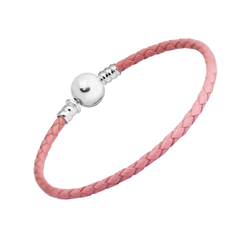 Authentic 925 Sterling Silver Ball Clasp Bracelets With Pink Leather for Women Fit Charm Beads DIY Fine Jewelry SLE709
