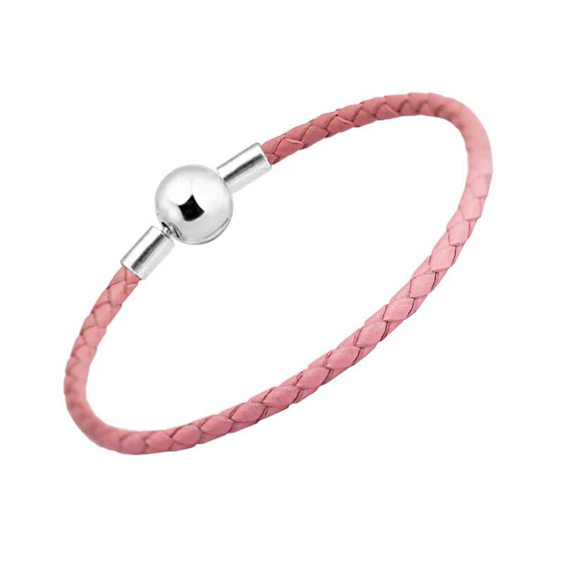 Authentic 925 Sterling Silver Ball Clasp Bracelets With Pink Leather for Women Fit Charm Beads DIY Fine Jewelry SLE509