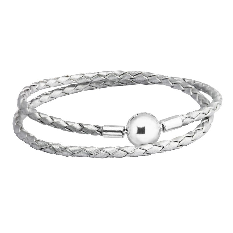 Authentic 925 Sterling Silver Ball Clasp Bracelets With Silver Leather for Women Fit Charm Beads DIY Fine Jewelry SLE504
