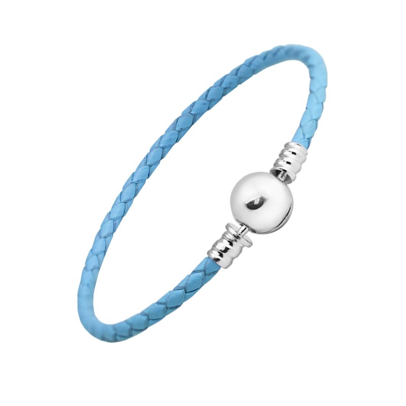 Authentic 925 Sterling Silver Ball Clasp Bracelets With Sky Blue Leather for Women Fit Charm Beads DIY Fine Jewelry SLE716