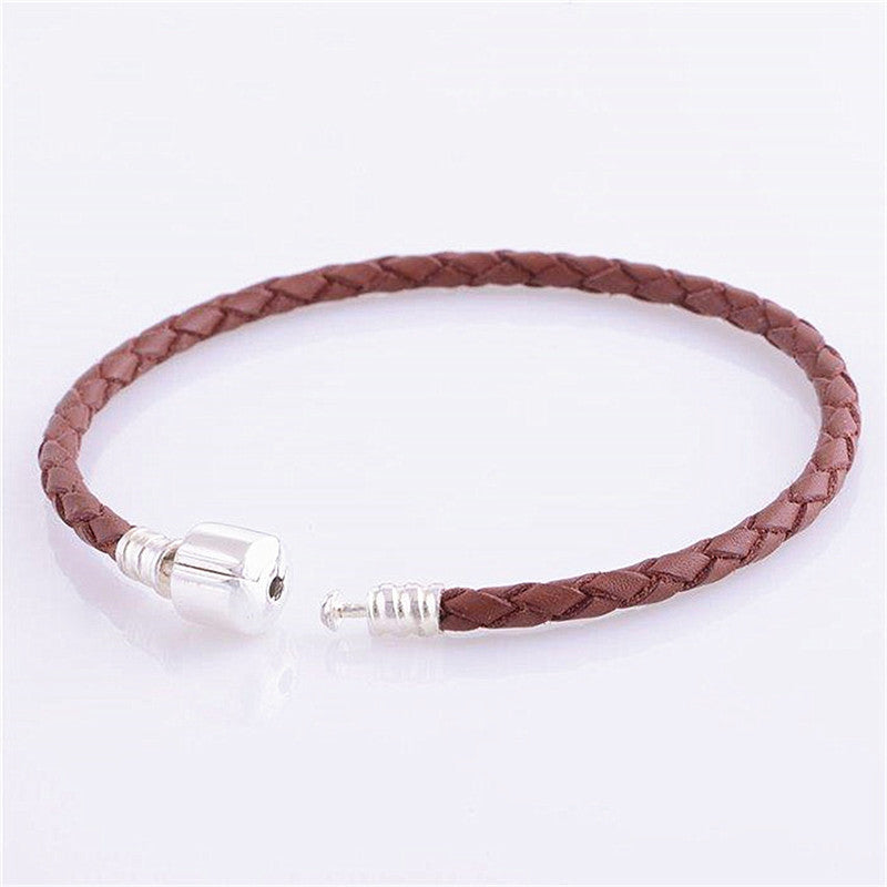 Authentic 925 Sterling Silver Barrel Clasp Bracelet With Burgendy Leather for Women Fit Charm Beads DIY Fine Jewelry SLE005