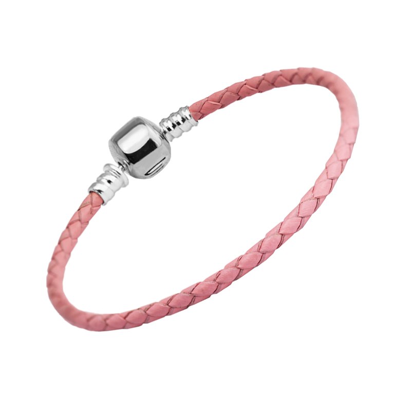 Authentic 925 Sterling Silver Barrel Clasp Bracelet With Pink Leather for Women Fit Charm Beads DIY Fine Jewelry SLE009