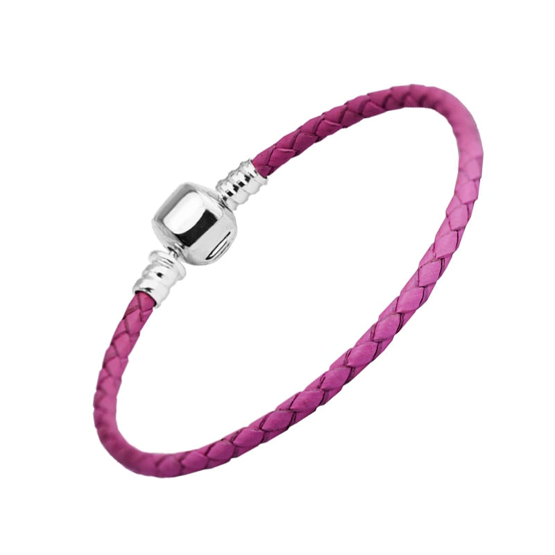 Authentic 925 Sterling Silver Barrel Clasp Bracelet With Purple Leather for Women Fit Charm Beads DIY Fine Jewelry SLE501